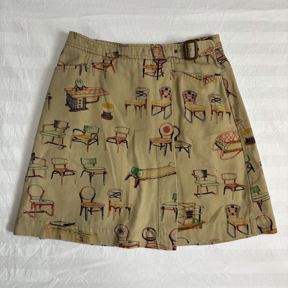 Anthropologie 9-H15 Stcl Wrap Skirt Size 4 Chair Print Cotton Novelty EUC